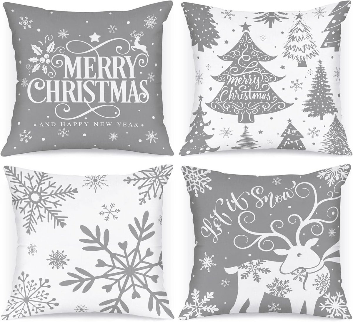 SnelShoppen - Set van 4 Kerst Kussenhoezen 20x20 cm, Cartoon Hert en Sneeuwvlokken, Grijze Decoratieve Kussens voor Binnen, Sofa, Bank, Feestdagen