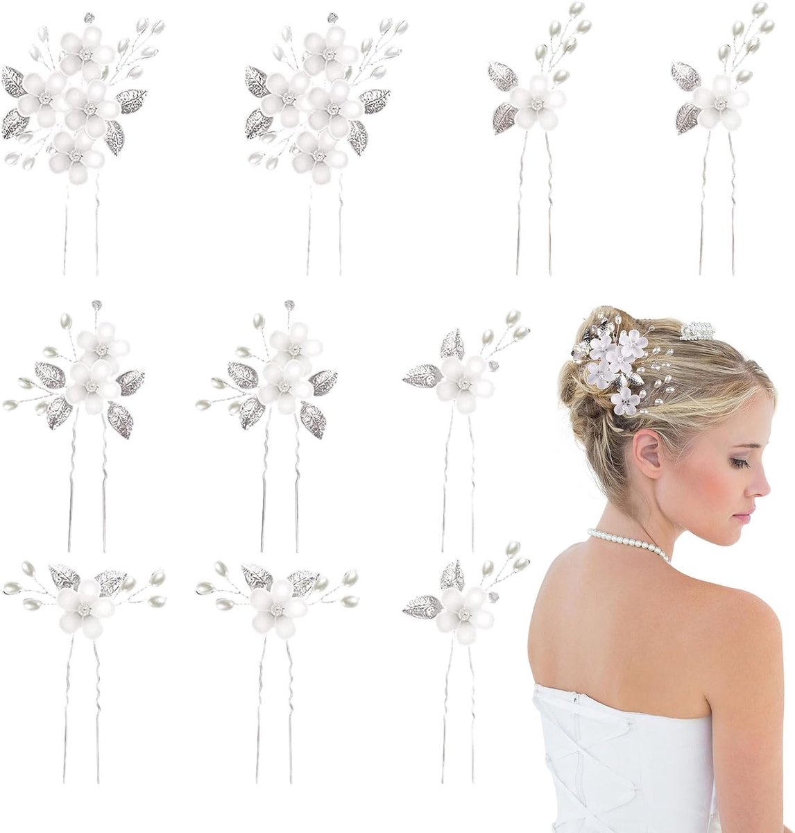 SnelShoppen - 10 Stuks Bruids Haarspelden met Bloemen en Parels - Elegante Haaraccessoires voor Bruiden en Meisjes - Silver Kleur - Perfect voor Huwel