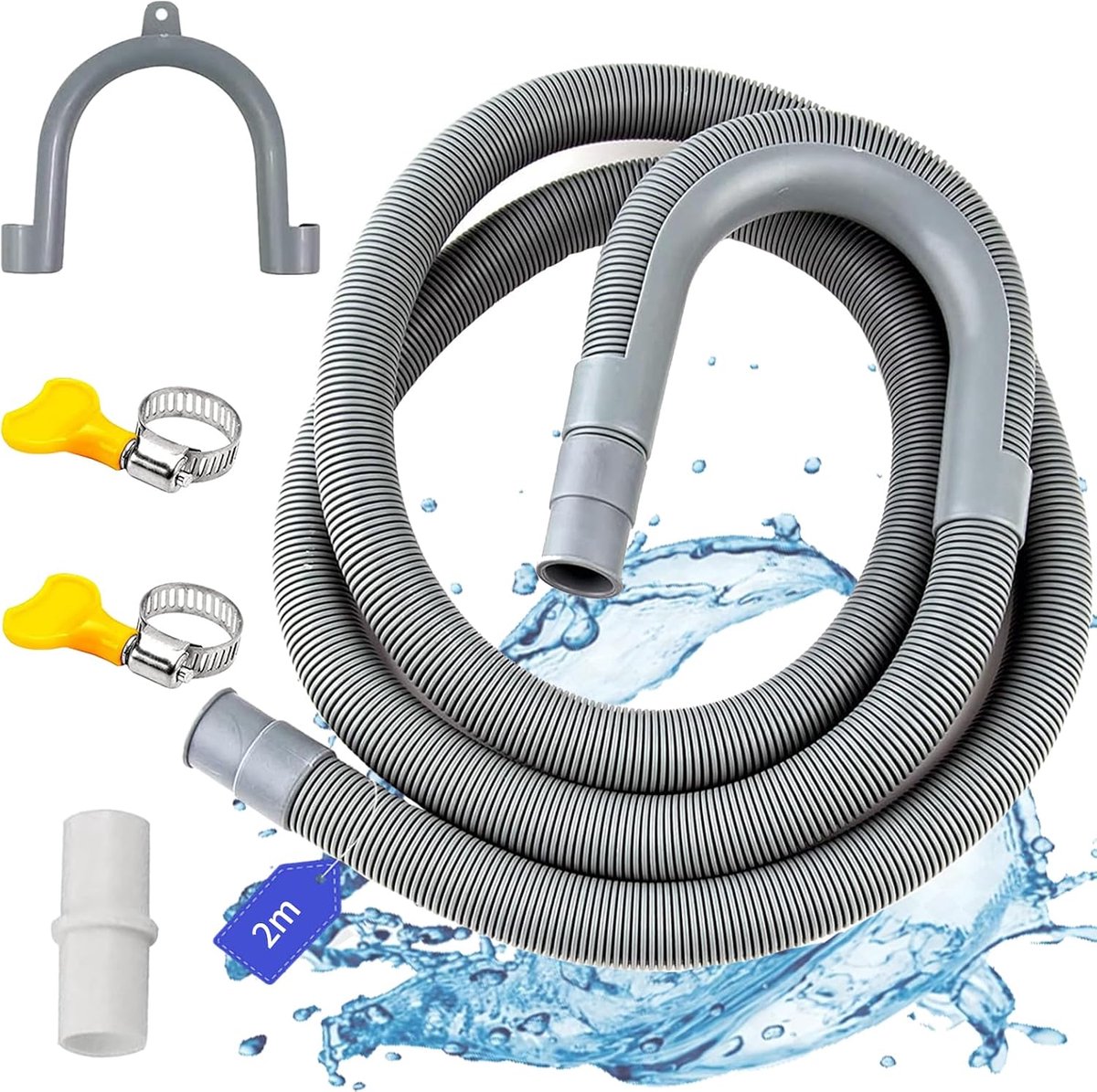 SnelShoppen - Afvoerslang Wasmachine 2 m, Uitbreidingsslang tot 7 m, Waterafvoerslang met Houder en Slangklemmen, Diameter 20 mm, Voor Afwasmachine en