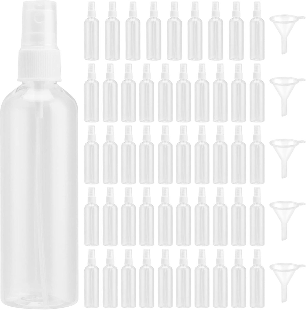 SnelShoppen - 50PCS 100ml Plastic Refill Spray Flesjes, Lege Sprayflessen met Doppen, Duidelijke Fijne Mist Sprayflessen met 5 Trechters, Draagbare Sp