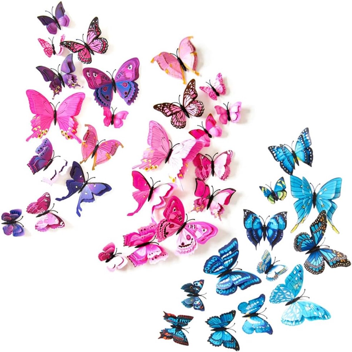 SnelShoppen - 36 Stuks Wandstickers Vlinders 3D Decoratie Wandstickers Dubbele Laag Vlinders voor Binnen Buiten Fuchsia Blauw Roze DIY Decoratie