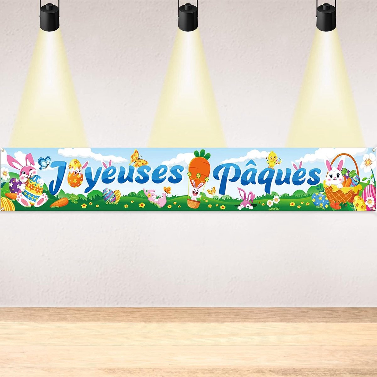 SnelShoppen - Joyeuses Bannière Decoratie, Lange Banner van Tissu voor Buiten, Tuin, Fête de Pâques Versiering, 270 x 40 cm, Kleurig en Duurzaam