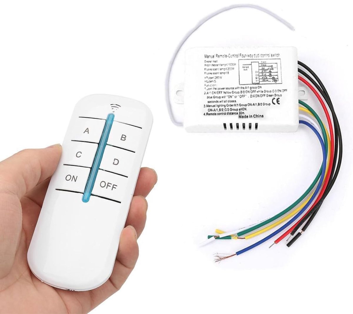 SnelShoppen - Draadloze Afstandsbediening Schakelaar, 4-Weg 220V, Lichtschakelaar met Afstandsbediening, On/Off, LED Verlichting, Ontvanger, Zender, H
