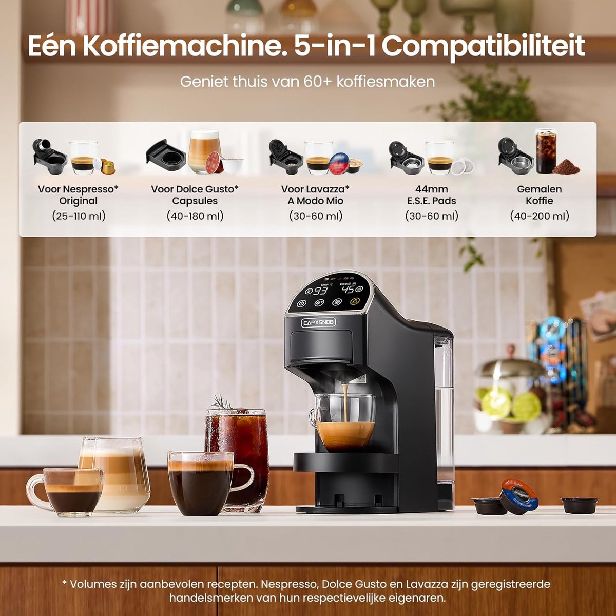 5-in-1 Koffiemachine voor Nespresso Original, Dolce Gusto, Lavazza A Modo Mio, ESE 44mm Pads & Gemalen Koffie, LED Touchscreen, Auto-Aanpassing, 20 Bar, Compact voor Thuis en Kantoor thumbnail 3