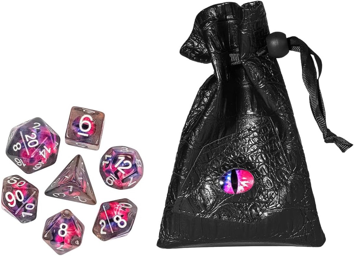 SnelShoppen - Longyan Dobbelstenen Set met Luminous Dobbelstenen en Rode en Blauwe Leren Tas - Unieke Longan Ontwerp voor Feest, Spelavonden, of Campi