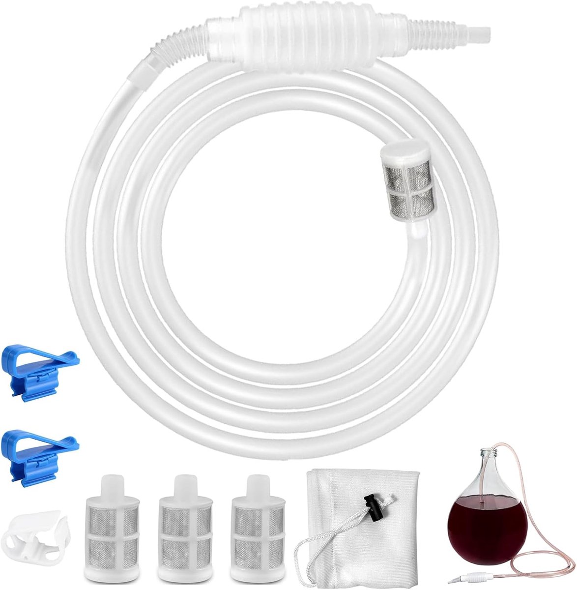 SnelShoppen - Silicone Siphon Slang 2.5 m - Herbruikbare Vulfles Slang met Filterzak en Waterstop Clip voor Wijn, Bier, Thuisbrouwerij en Feest