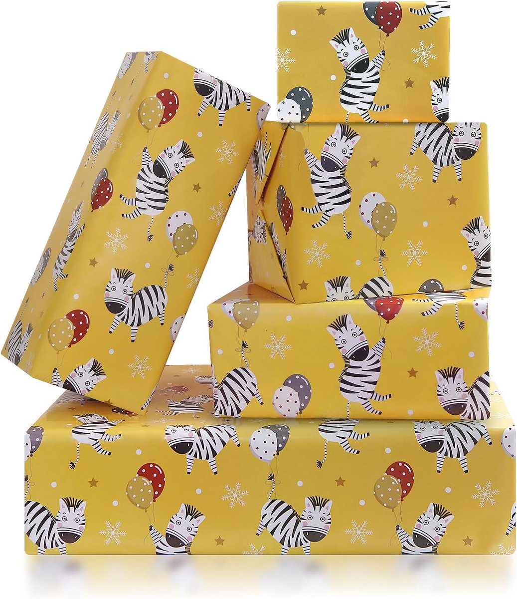 SnelShoppen - Verjaardagsinpakpapier voor Kinderen, Meisjes en Jongens, Schattige Zebra met Ballonnen, 4 Vellen Platgevouwen, 50 x 70 cm per Vel, Perf