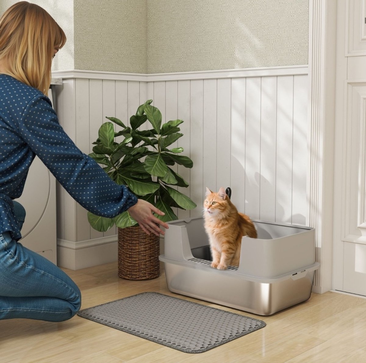 REDOM - Kattenbak - Open kattenbak van roestvrij staal met schepje en mat - Hoge rand - Eenvoudig te reinigen - Grijs - 60,2 x 40,2 x 29,5 cm