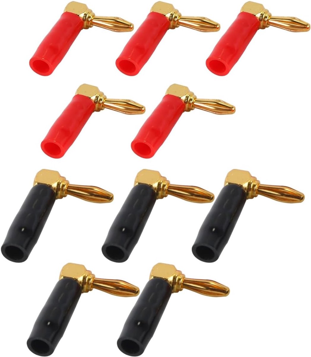 SnelShoppen - 10 Stuks L-vormige Speaker Plugs 4mm 90 Graden Banana Plugs voor Speaker Kabels en Versterkers (Rood & Zwart)