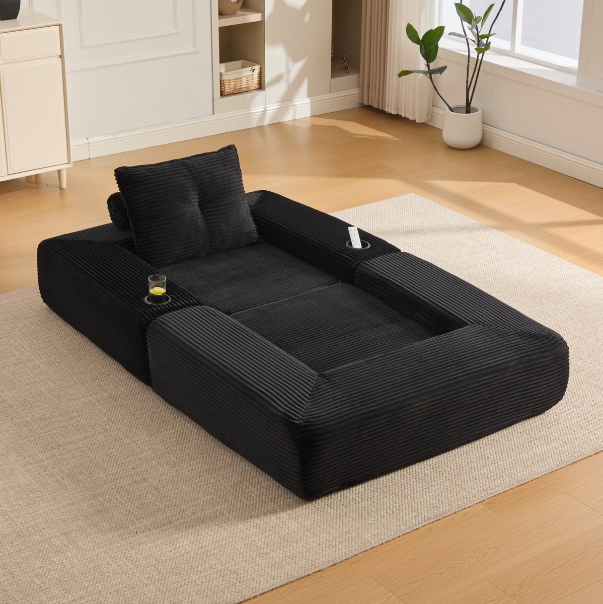 MIVRAY Slaapbank 1-Zits 122 Cm - Opvouwbaar Met Slaapfunctie En Bekerhouder - Voor Woonkamer En Appartement - Corduroy Zwart