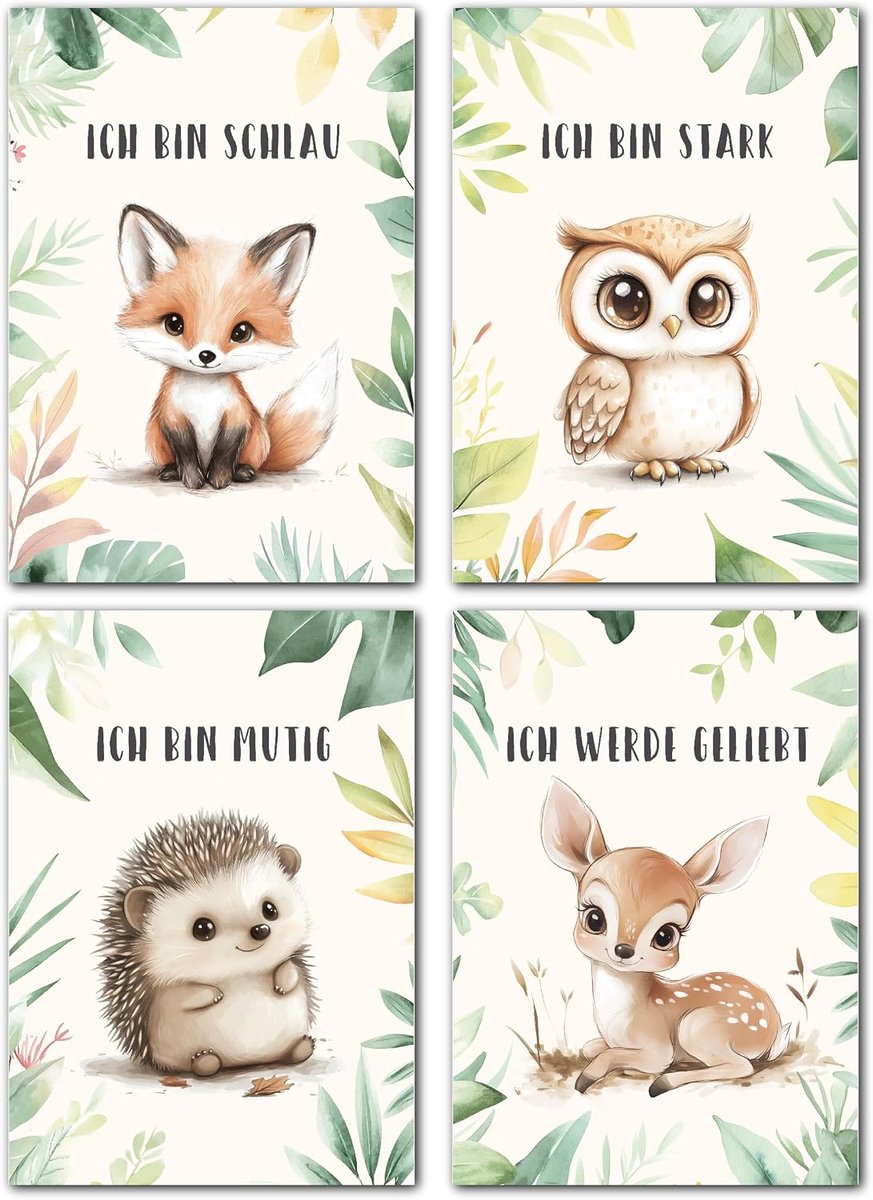 SnelShoppen - LAVEMA Affirmaties Posters Bosdieren A4 (21 x 30 cm) Zonder Lijst, Wanddecoratie Baby- en Kinderkamer, Schattige Dierenbeelden voor Jong