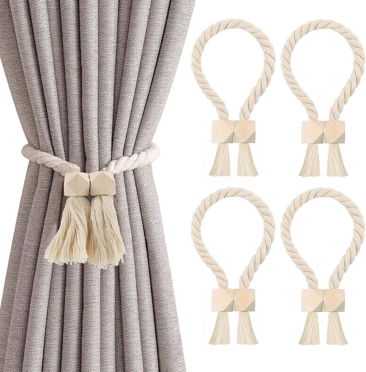 SnelShoppen - 4 Stuks Magnetische Gordijnhouders, Handgeweven Boho Gordijnen, Katoenen Touw, Duurzaam en Makkelijk te Installeren voor Thuis en Kantoo