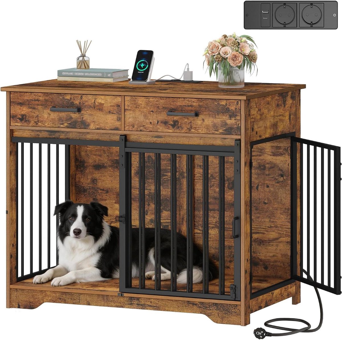 Hondenverblijf Meubel - Hondenmand Huis - Comfortabel Rusten - Geïntegreerd Laadstation - 97 x 56 x 81 cm - Vintage Bruin