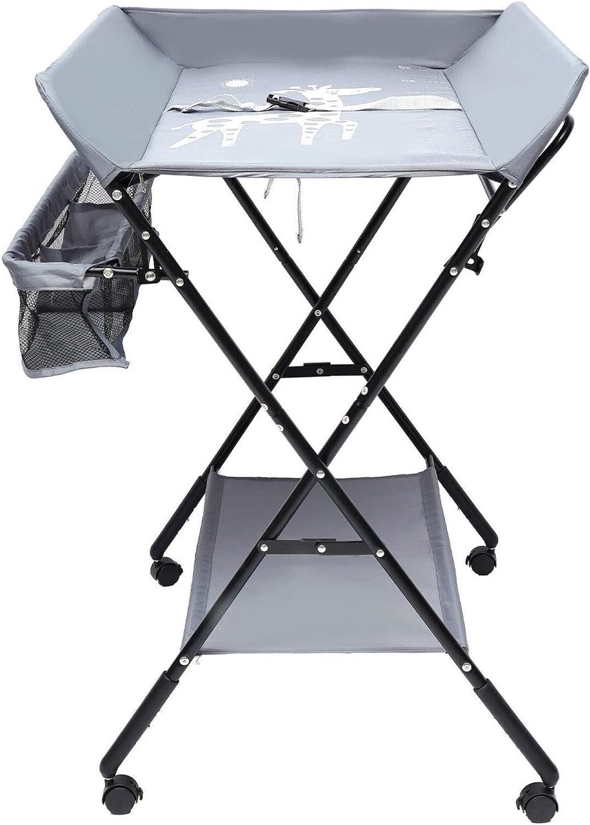 Baby commode - Luiertafel - Baby verzorgen - Inklapbaar ontwerp - 80 x 63 x 96 cm - Donkergrijs met wielen