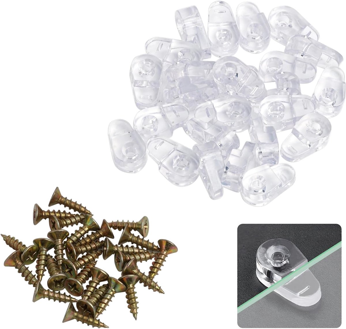 Glasclips 25 stuks - Transparant kunststof - Inclusief metalen schroeven - Ideaal voor display kasten - ShopVlot
