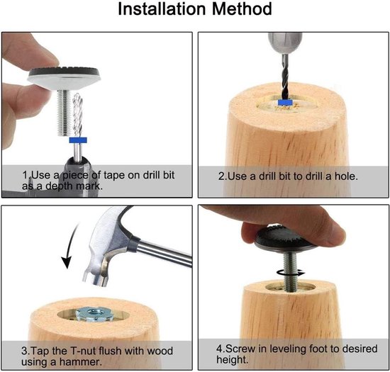 Verstelbare meubelpoot met metalen constructie, 4 stuks M8x30mm, zware kwaliteit, antisliprubber en T-nuts voor stabiliteit — afbeelding 4
