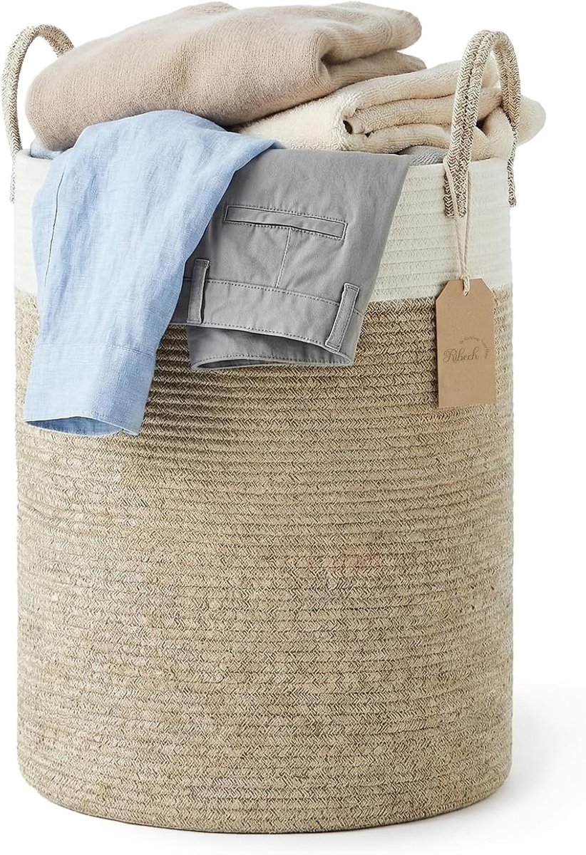 Ruime Wasmand van Touw, 58 Liter, 38 x 38 x 50 cm, Twee-Kleurig Ontwerp, Bruin en Wit, Handige Opbergmand met Handvatten voor Huis en Kantoor