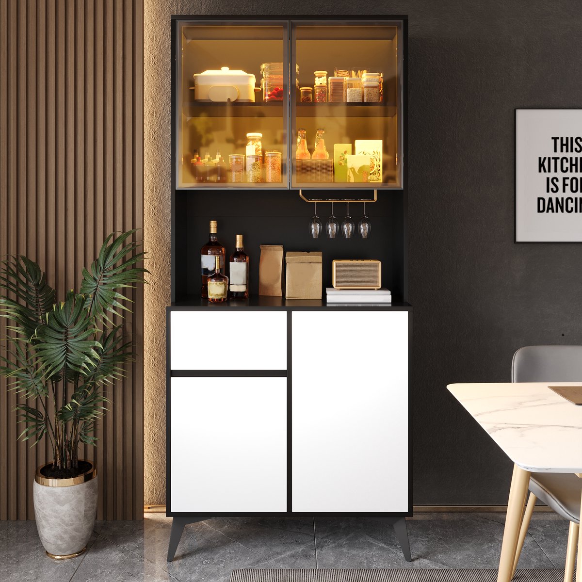 VVBV Bar-/Drankkast - 80 x 40 x 180 cm, Zwart-Wit, met 1 Lade en 4 Deuren, LED-Verlichting, App-bediening, Glazen Vakken