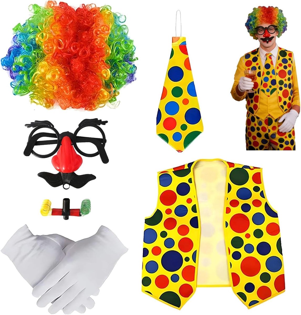 Kleurrijk Clown Kostuum voor Volwassenen en Kinderen - 5-delige Set met Perücke, Neus, Bril, Vest en Handschoenen voor Carnaval en Feestjes