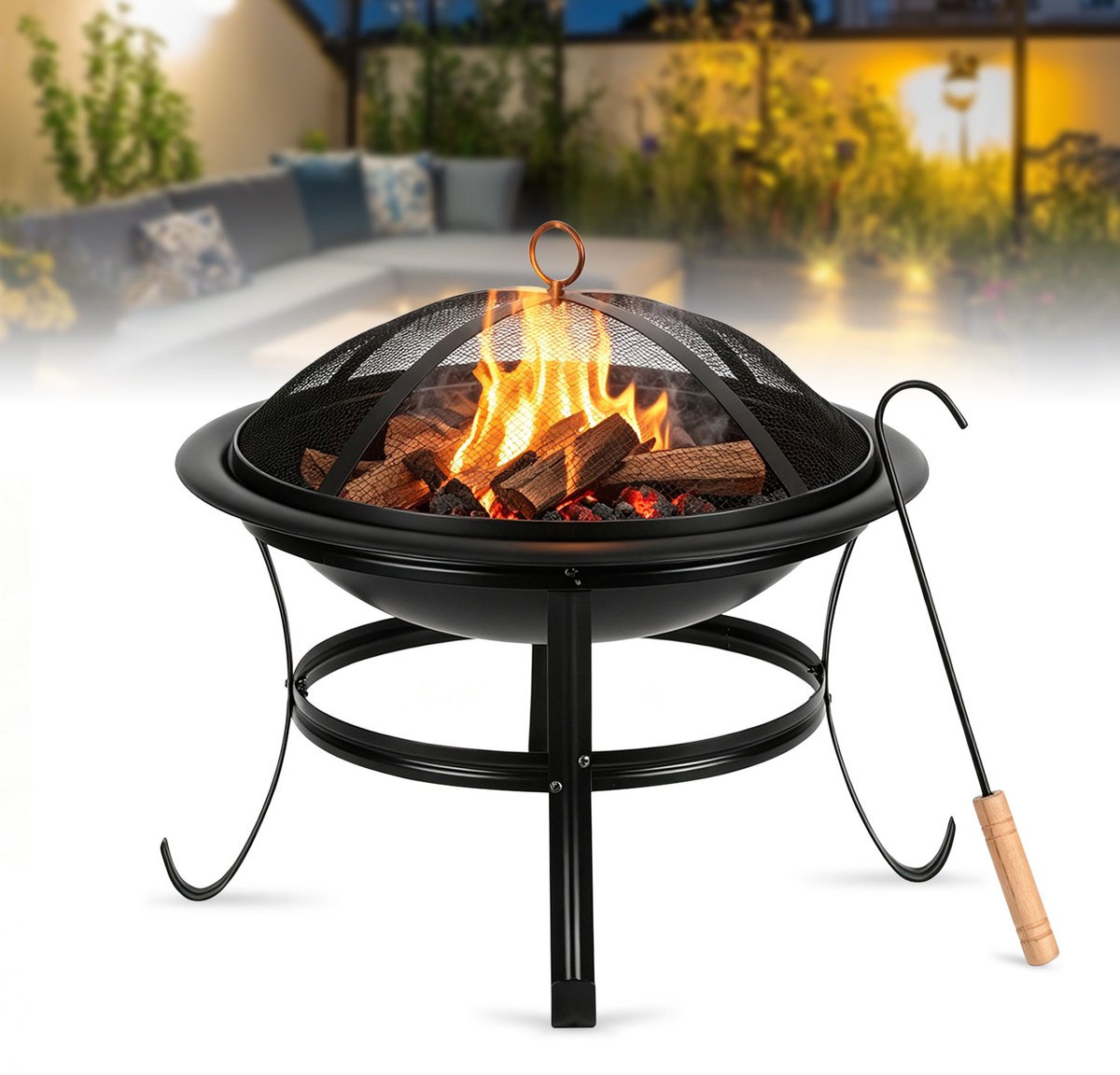 Tuin Vuurschaal met Barbecuefunctie – 55 cm – Inclusief Grillrooster, Vonkenscherm en Vuurhaak
