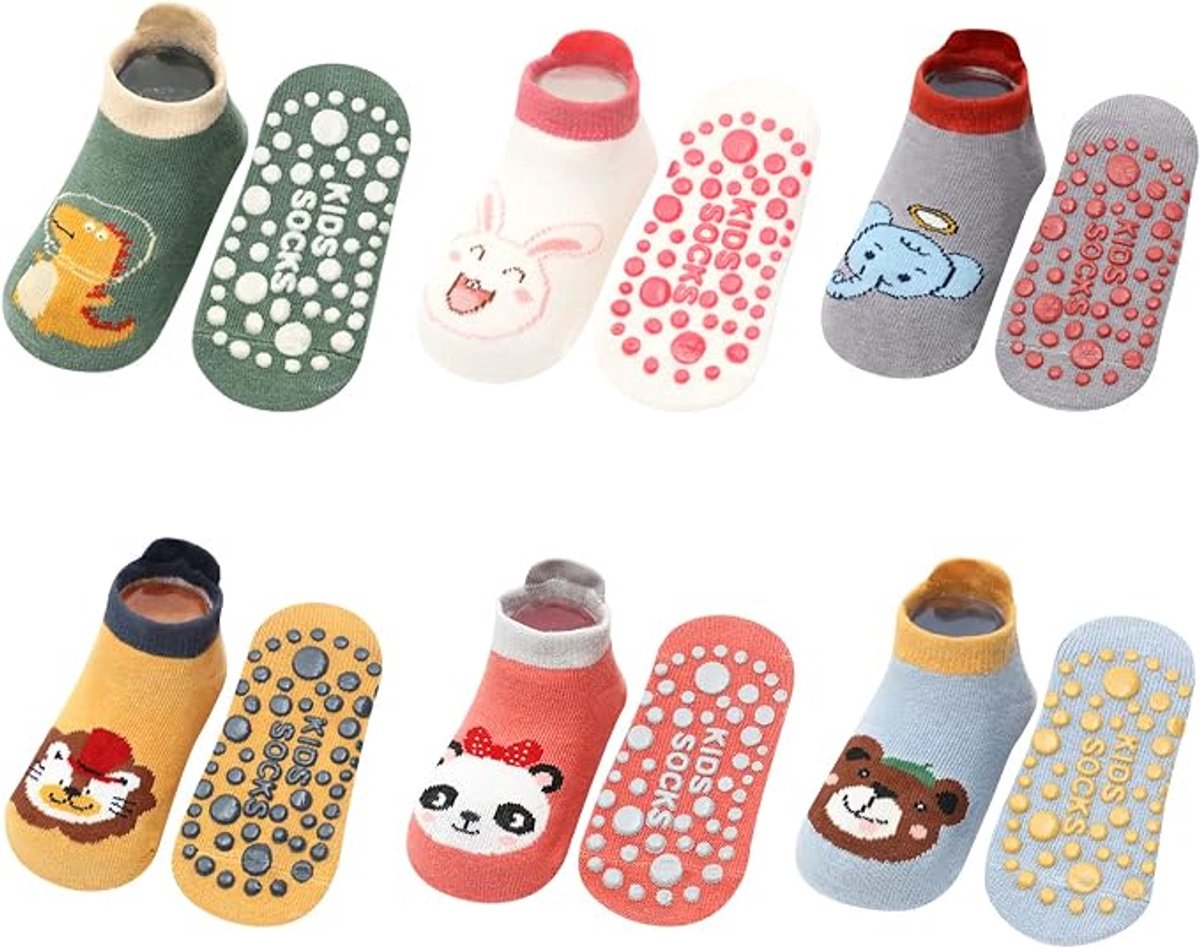 Set van 6 paren korte antislip vloersokjes voor peuters 1 tot 3 jaar (voetlengte 10-13 cm), ademend katoen babysokjes met siliconen nopjes op de zool voor veilig kruipen en lopen binnenshuis