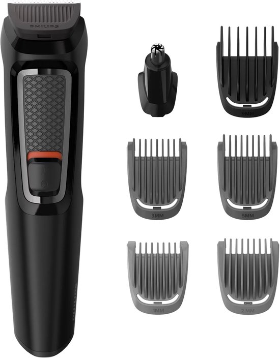 Zwarte Philips Multigroom trimmer met 6 opzetstukken: 2 neustrimmers en 4 kammen (3mm, 5mm, 5mm, 5mm).