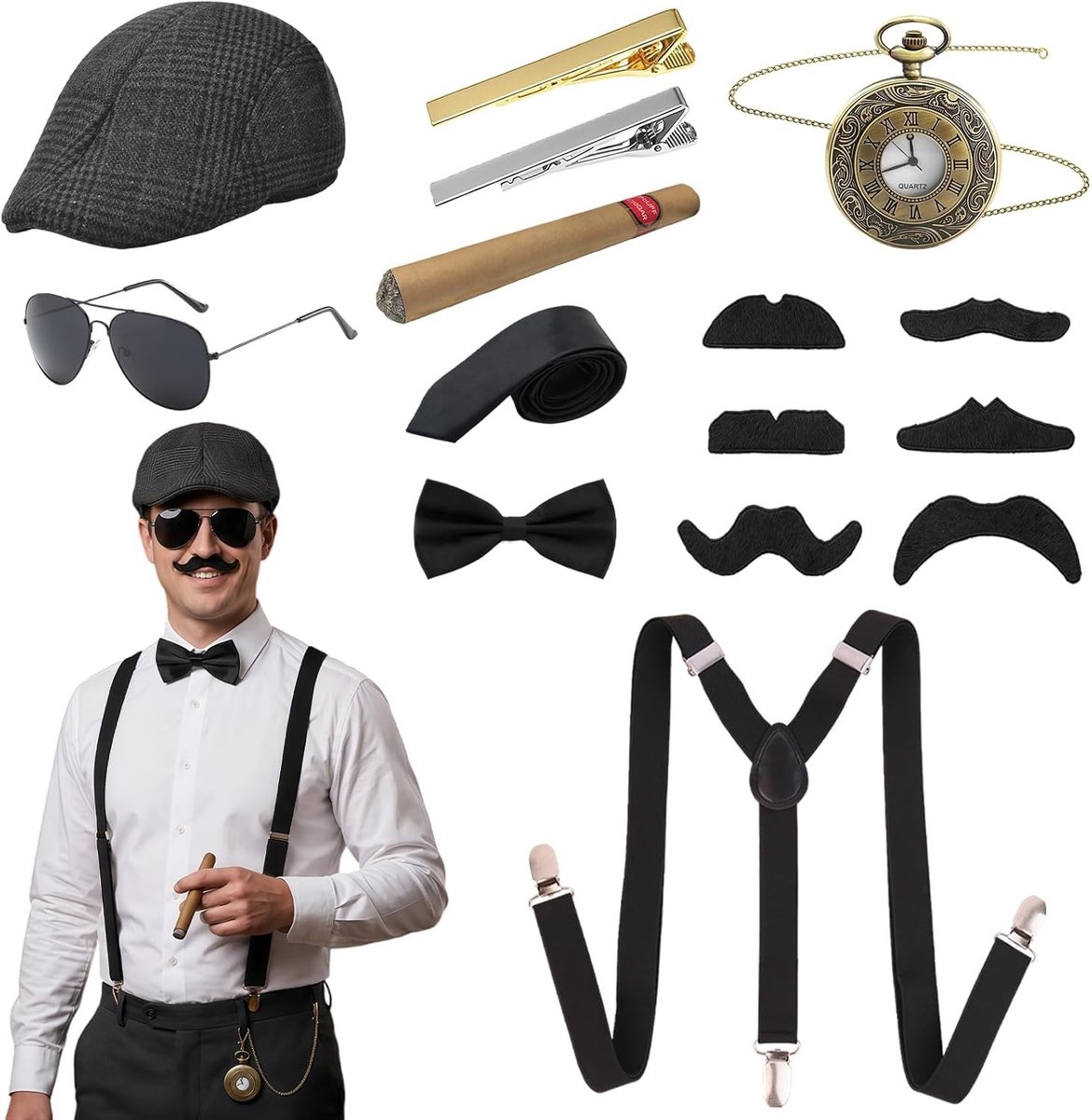 1920s Kostuum voor Mannen met Gangster Accessoires zoals Panama Hoed, Braces, Zakhorloge en Strikje voor Carnaval en Halloween