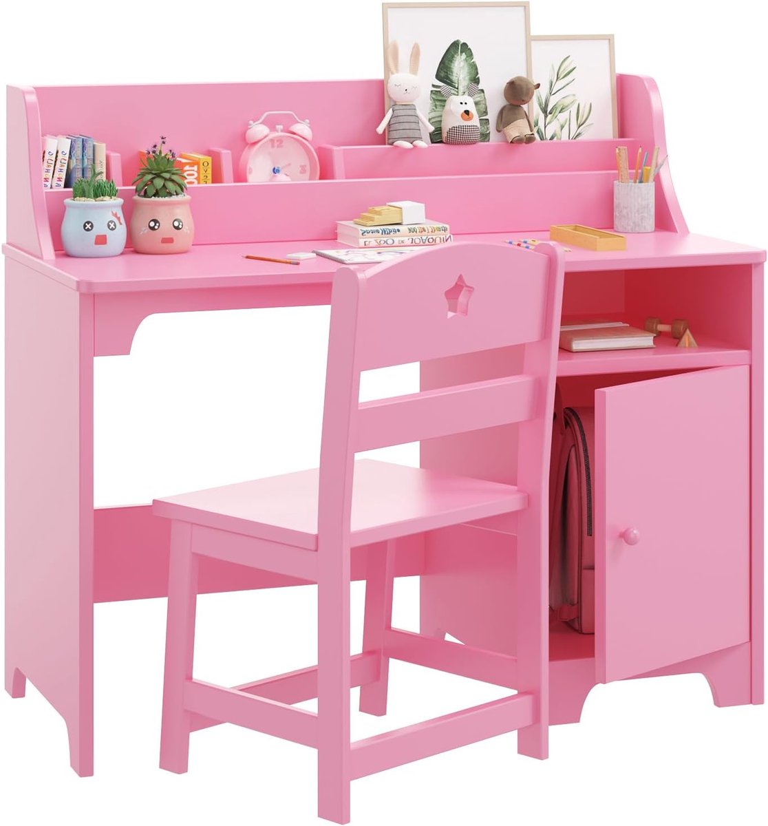 Triumpunpre - Kinderbureau met stoel – Studietafel met opbergruimte – Computerwerkplek – Voor slaapkamer of studeerkamer – Roze