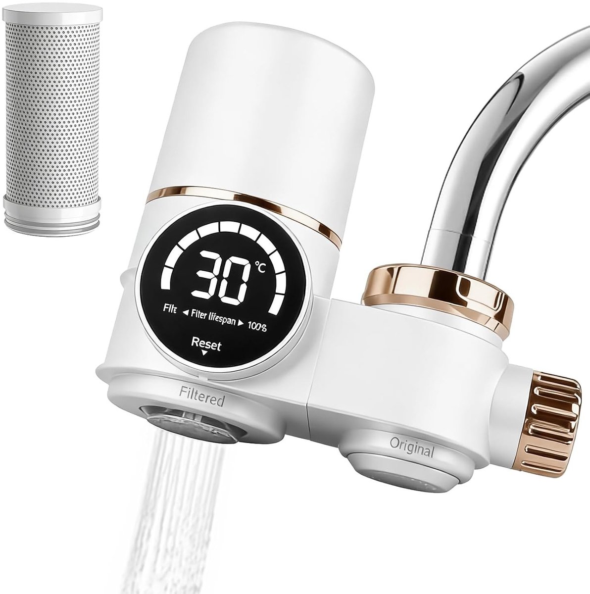Kraanwaterfilter met LED-display voor chloorverwijdering, zware metalen en UV-sterilisatie, ideaal voor keuken, reizen en huisdieren, wit