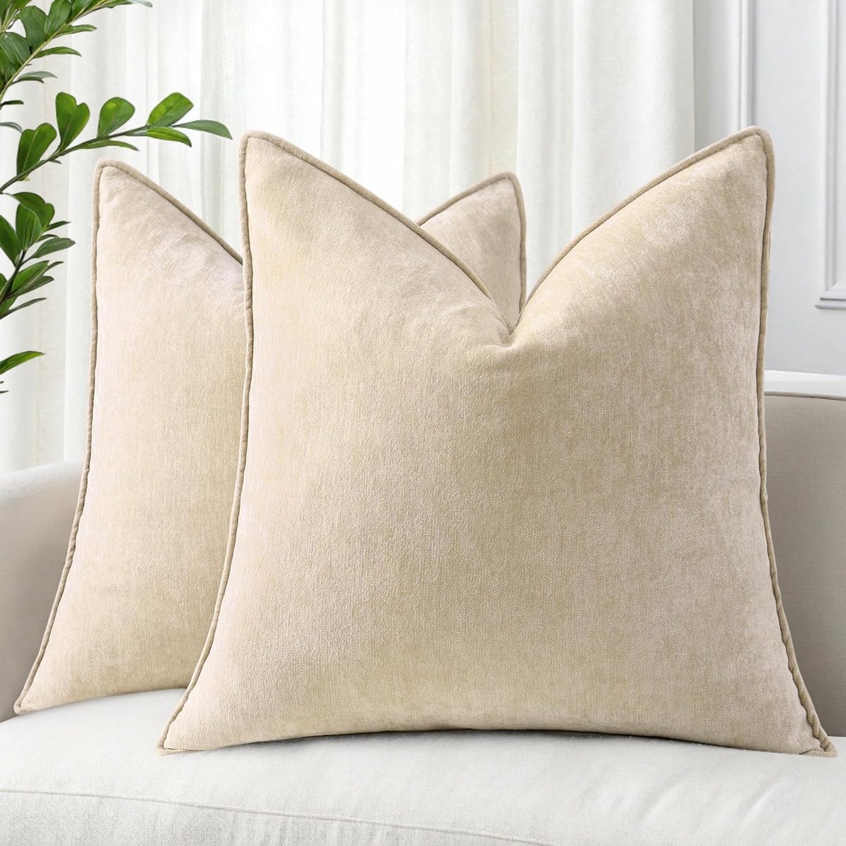 Set van 2 Chenille Kussenslopen 50x50 cm in Beige, Zacht en Duurzaam Kussenhoezen voor Thuisdecoratie