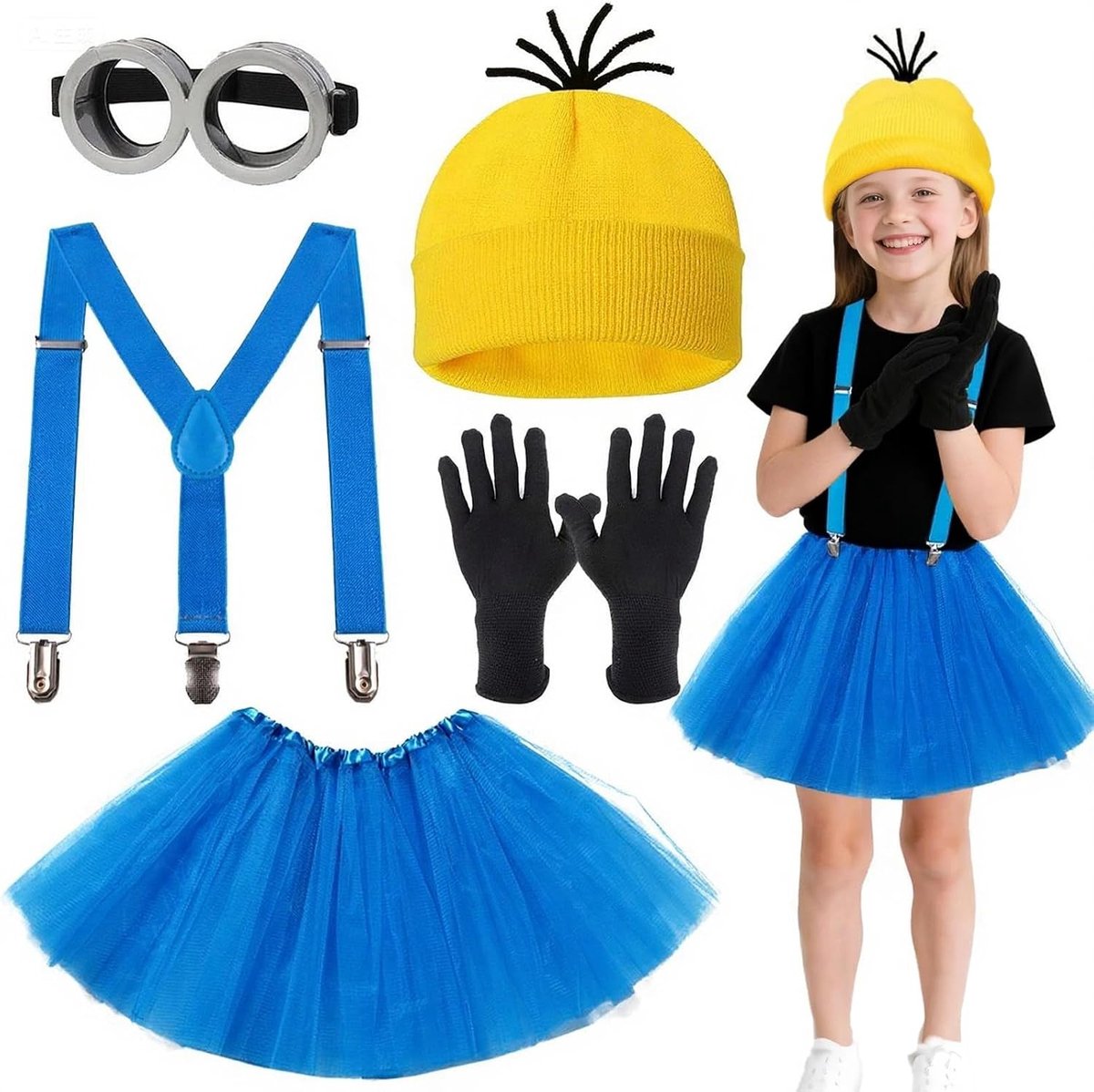 Kinderen Minion Kostuum in Geel met Steampunk Bril, Gebreide Hoed en Zwarte Handschoenen voor Halloween en Cosplay Accessoires