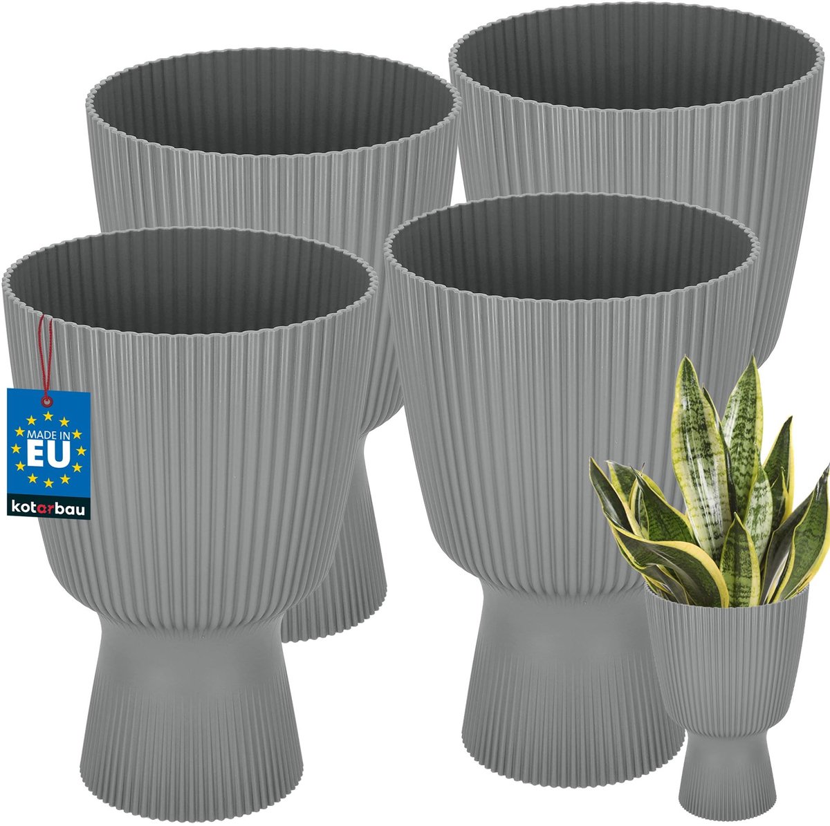 KOTARBAU® 4 Stuks - Bloempot - Plantenpot met Sokkel ⌀ 18 cm - PVC - Geribbelde Orchideeënpot - H: 27 cm - Grijs - Kelkvorm