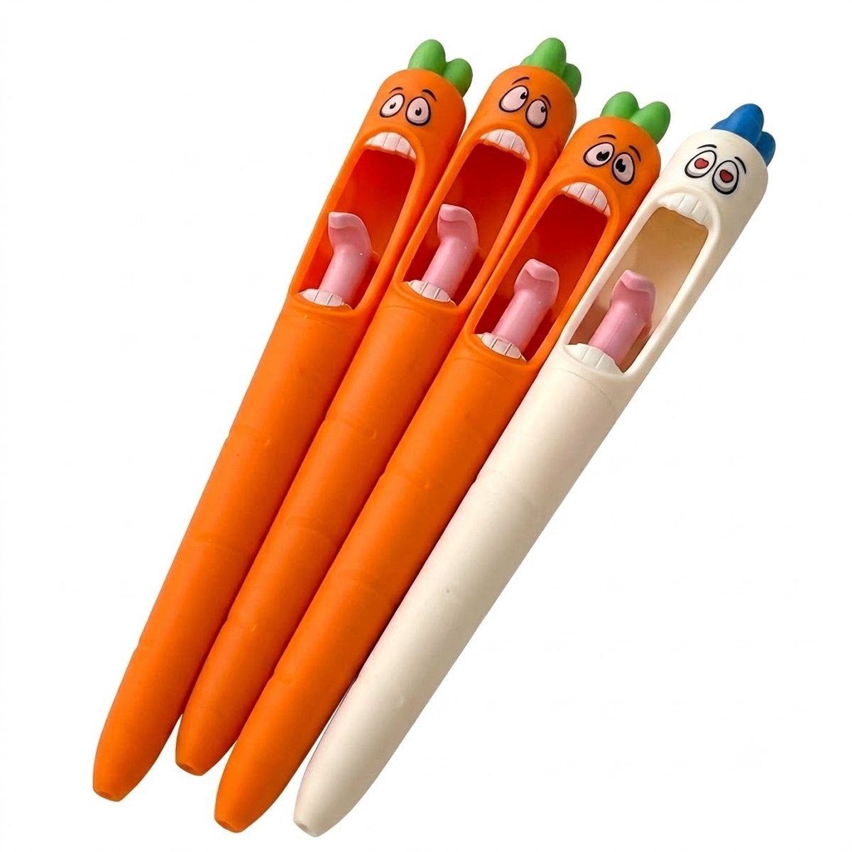 Wortel balpennen set 4 stuks unisex gel pennen met 0,5 mm punt, zwart schrijvende inkt, grappig tong mechanisme, wortel design voor school, kantoor, notities en schrijven