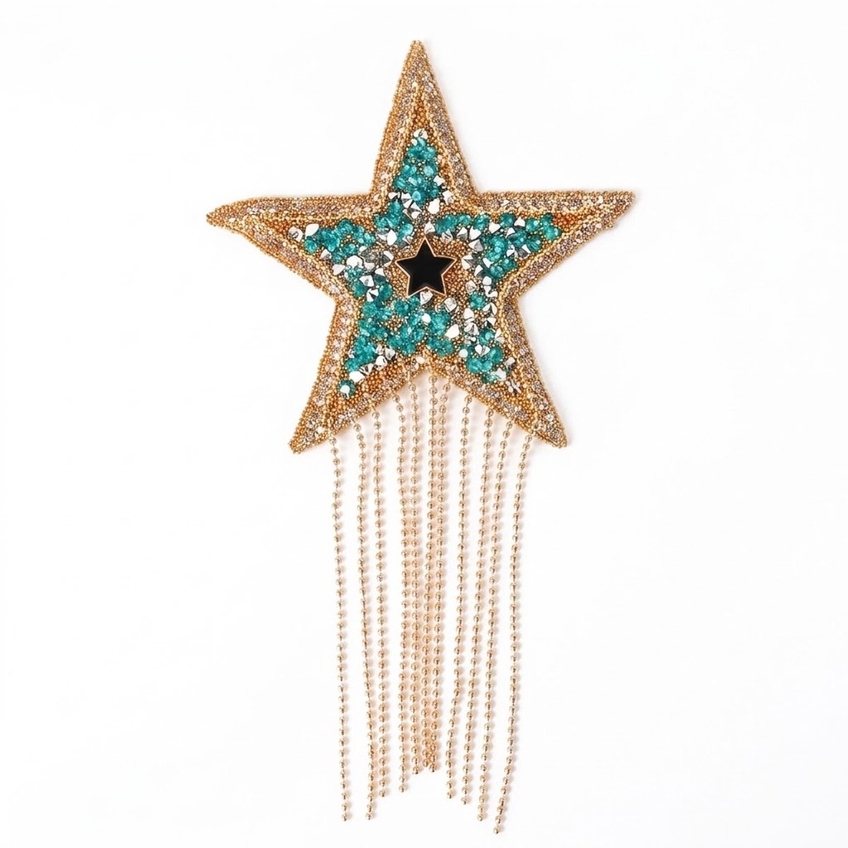 Goudkleurige ster patches stofapplicatie met turquoise strass en franjes 1 stuk opstrijkpatch voor kleding schoenen hoeden en tassen geborduurde appliqué decoratie