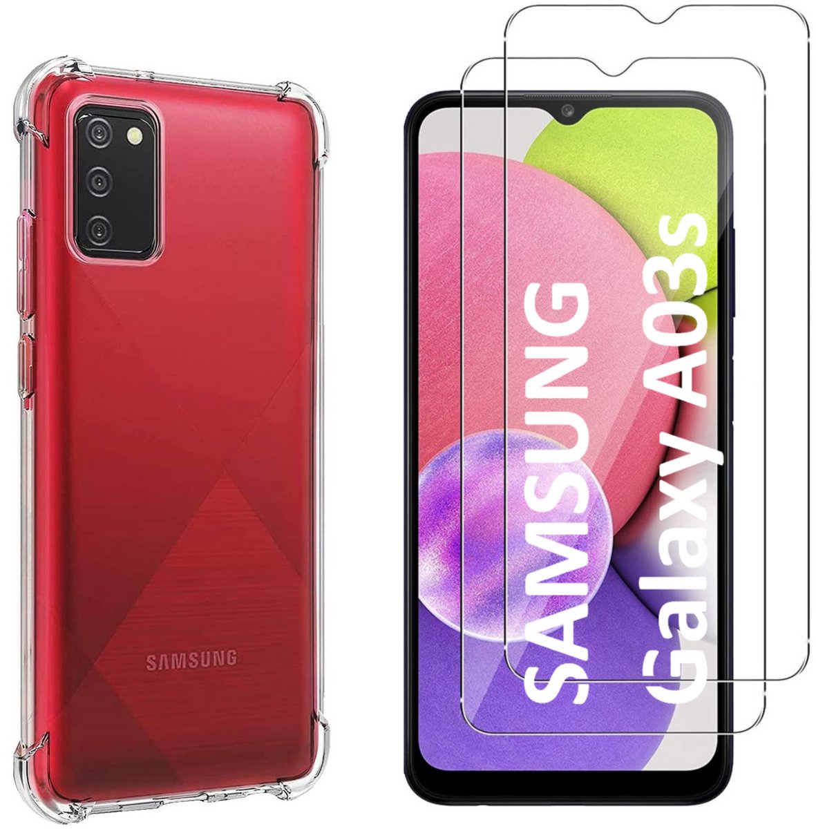 Hoesje geschikt voor Samsung Galaxy A03S backcover Shockproof siliconen Transparant en 2 stuks Screenprotector Gehard Glas