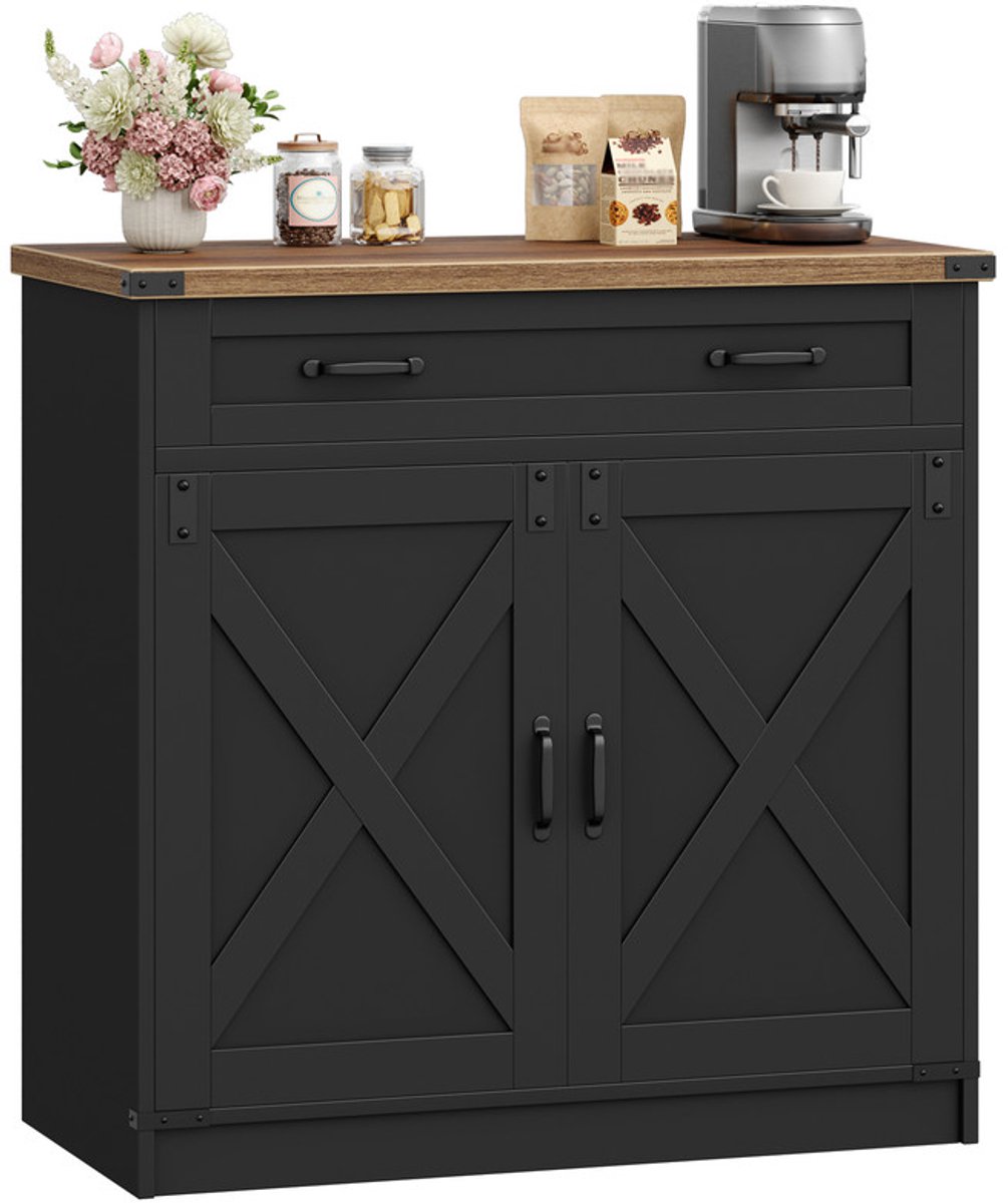 Hzuaneri Keukenkast, Buffetkast Met 2 Lades, Dressoir Met 4 Deuren, Verstelbare Planken, Landelijke Stijl, Voor Keuken of Woonkamer, 40 x 140 x 80 cm, Zwart & Honingbruin
