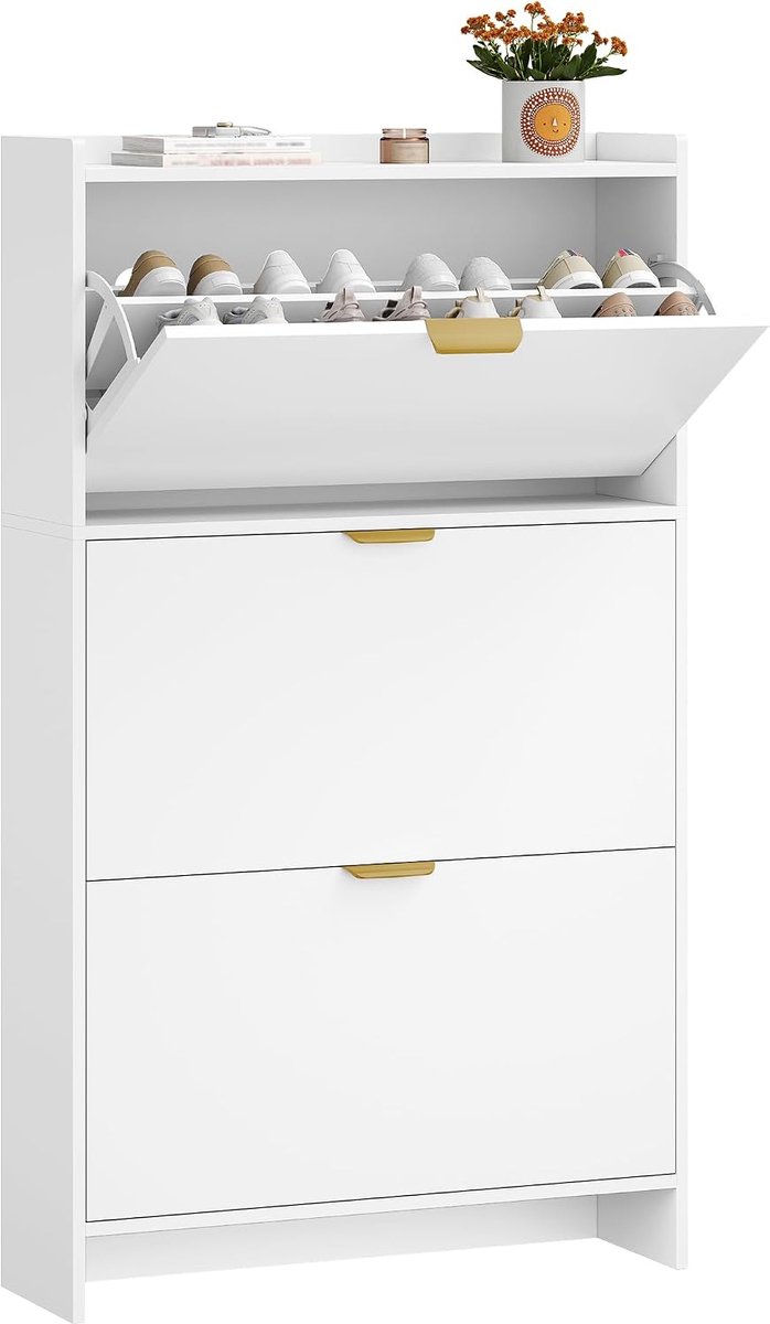 HILINSIE schoenenkast met 3 deuren, smal schoenenrek, 18-24 paar | Verstelbare schoenenopbergruimte, grote capaciteit voor entree, hal, kledingkast, 24 x 76 x 138 cm, wit