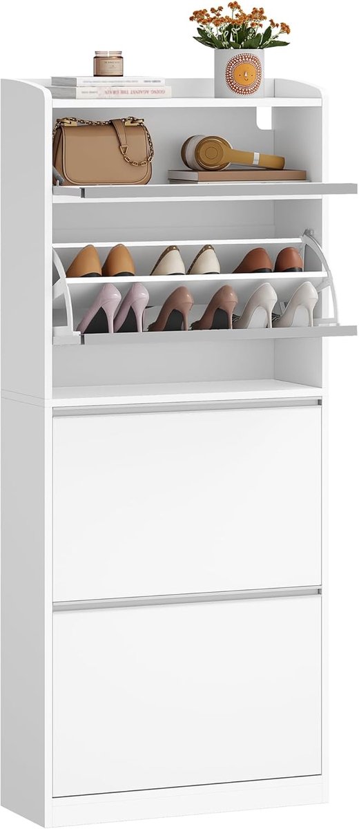 HILINSIE Smalle schoenenkast, 3 draaideuren, 1 neerklapbaar opbergvak, wit | Schoenenkast, smalle schoenenkast, ruimte voor maximaal 18 paar schoenen, verstelbare planken, voor gangen en entrees, 60 x 24 x 145 cm