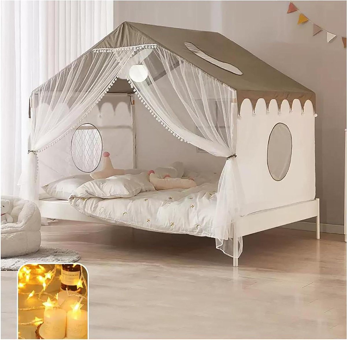 Muggennet Hemelbed - Hemelbed Gordijn - Babykamer Inrichten - Kasteel Design met Lichtjes - Full L - Geel