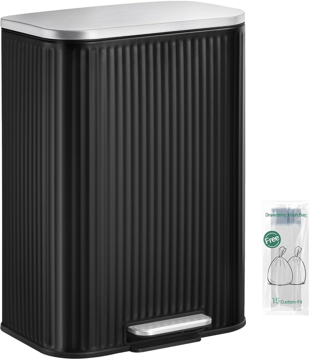Hzuaneri Keukenafvalemmer, 50 liter pedaalemmer met uitneembare binnenemmer, ontwerp met verticale strepen, afvalemmer met soft-close deksel en 15 vuilniszakken, roestvrij staal, zwart