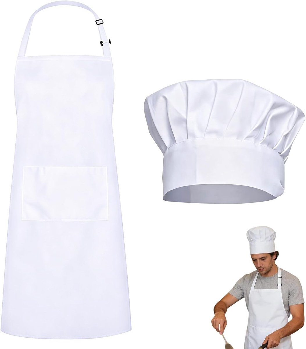 Ademend kookschort met verstelbare koksmuts, waterdicht en olieafstotend, ideaal voor keuken, bakken en barbecuegebruik met twee zakken