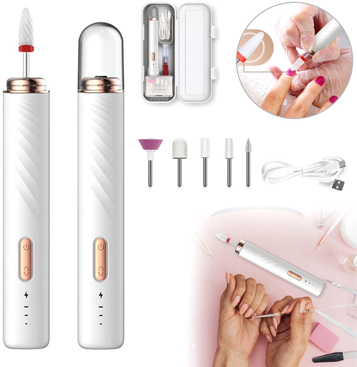 Elektrische nagelvijl - Draadloze elektrische nagelvijl - Nagelvijl - 500 mAh - Oplaadbaar - Drie snelheden - 5 vijlkoppen - Nagelvijl - Geschikt voor manicures en pedicures - Ergonomisch - Inclusief set vijltjes - Wit