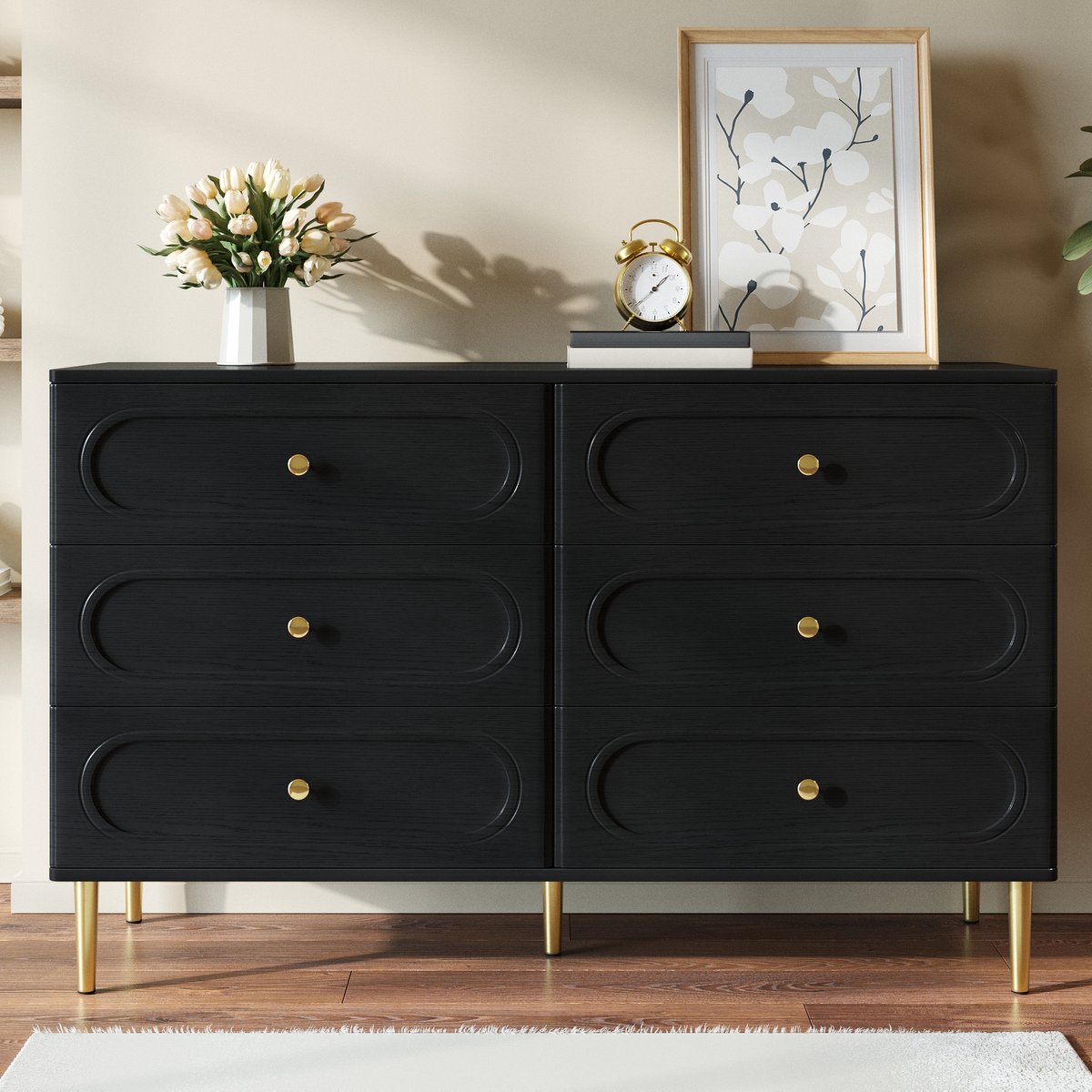 VVBV Ladekast - 120 x 40 x 75 cm, Zwart, met 6 Lades, Metalen Poten, MDF & Spaanplaat, Veel Opbergruimte