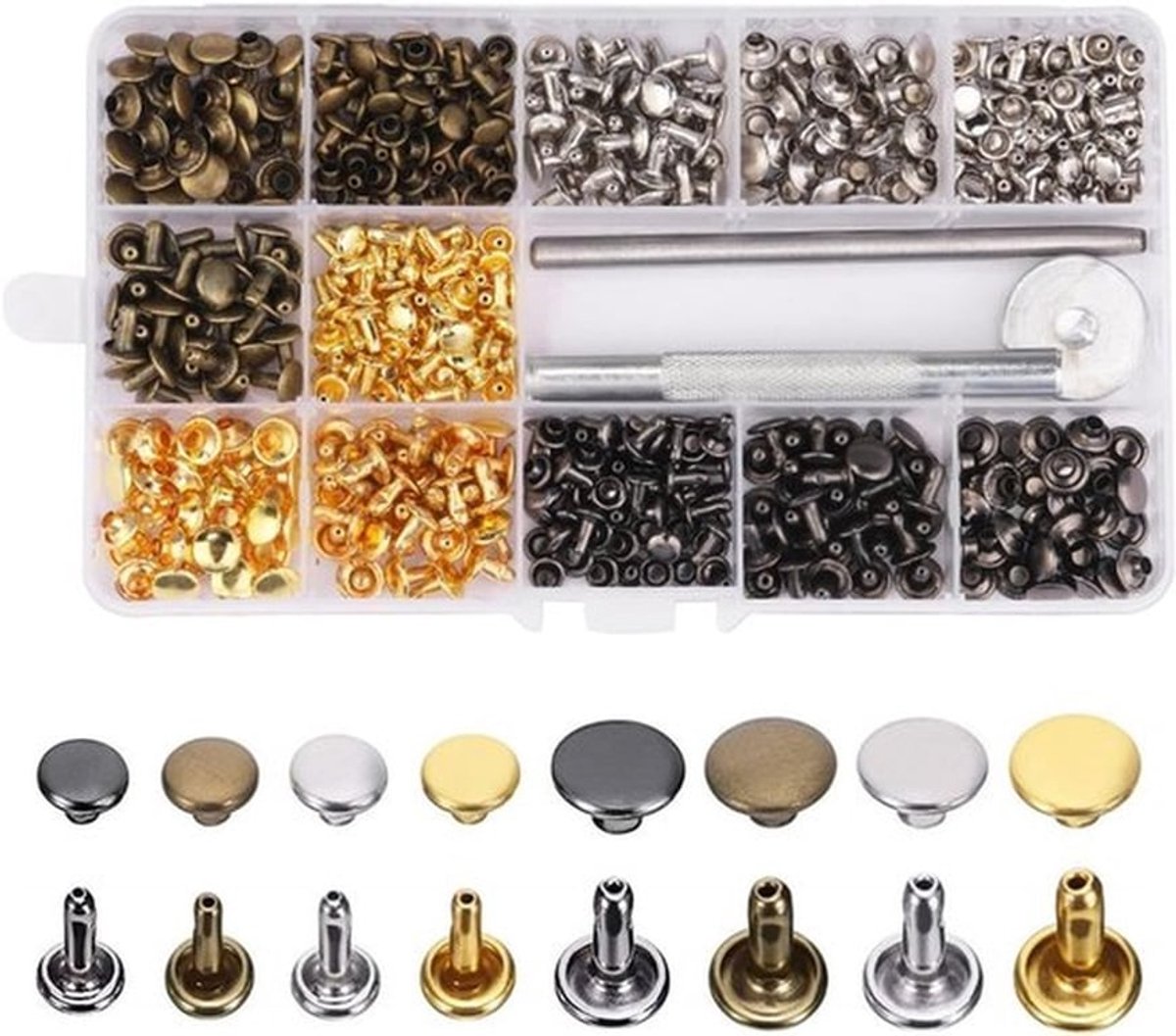 Set van 240 Koper Drukknopen, Leren Rivets en Metalen Knopen voor Handwerk, Jassen en Tassen in 4 Kleuren
