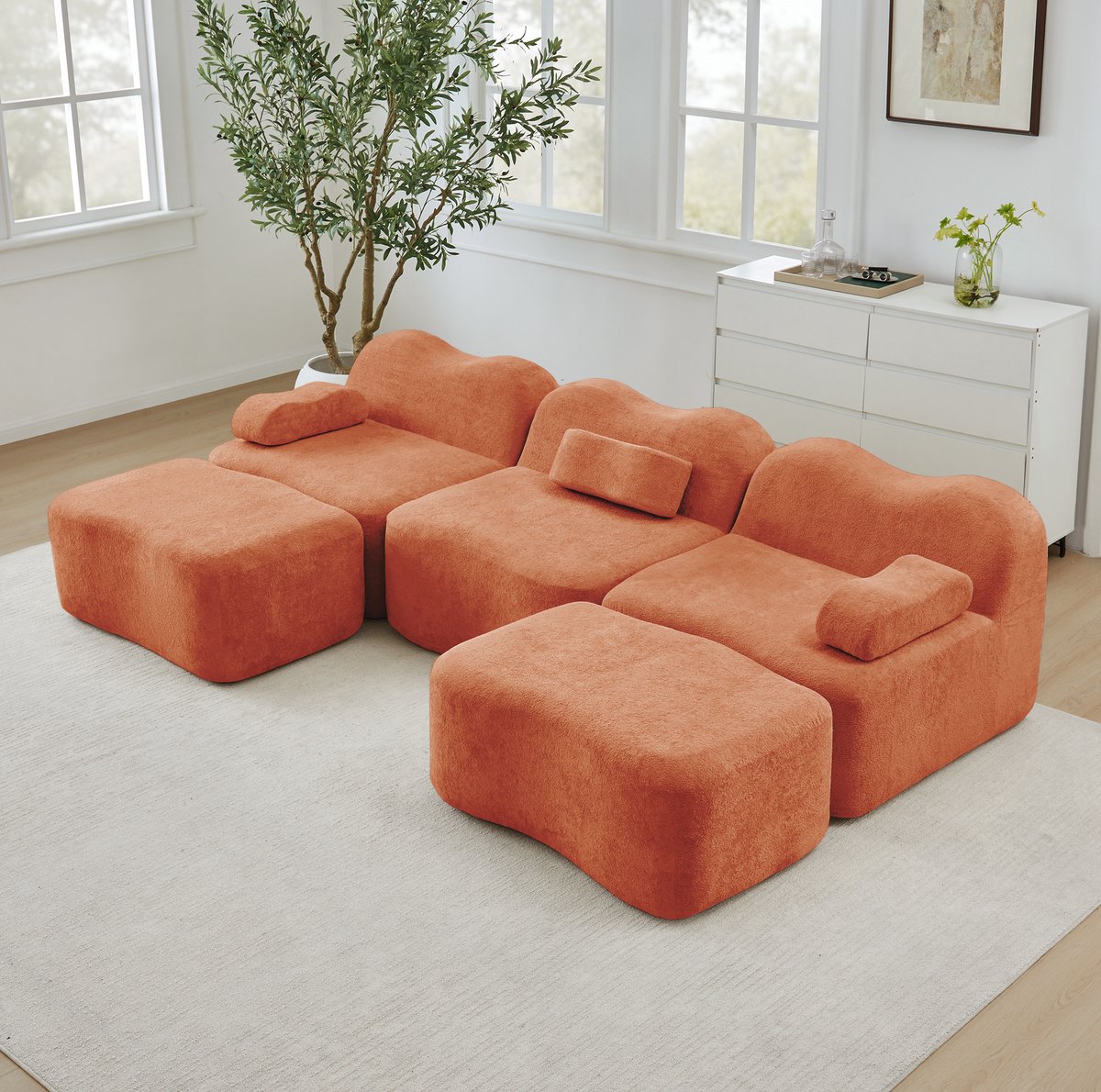 MEUNIQ U-bank 3-zits 288 x 167 x 70 cm modulair, boneless ontwerp met 2 ottomans, 32D schuim en zachte fluwelen bekleding voor de woonkamer, oranje Orange