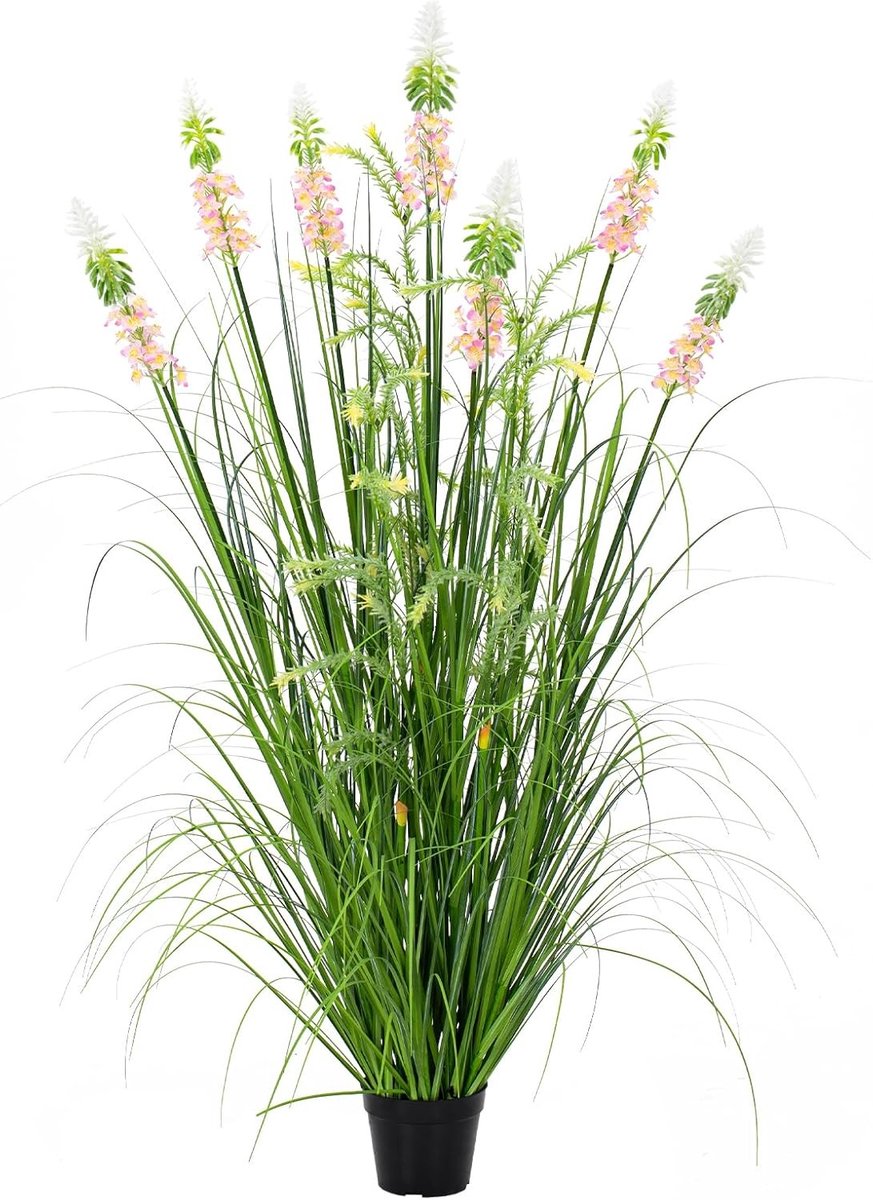 Kunstplant - Roze - 150 cm - Kunstgras met Bloemen - Voor Binnen en Buiten