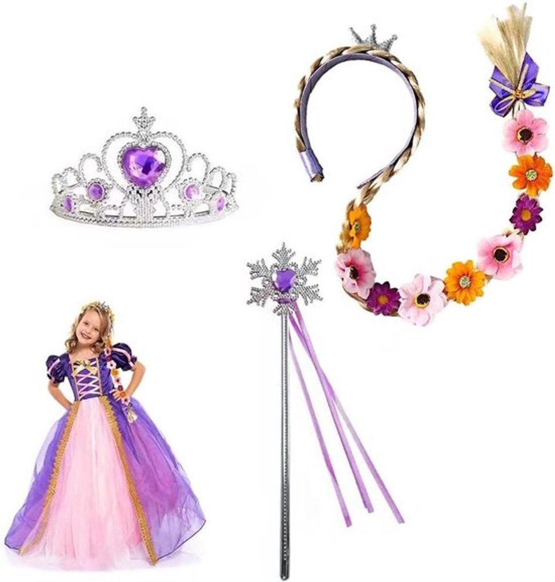 Prinsessenkostuum pruik met sneeuwvlok kroon en gevlochten paardenstaart voor meisjes, ideaal voor Halloween en verjaardagsfeestjes