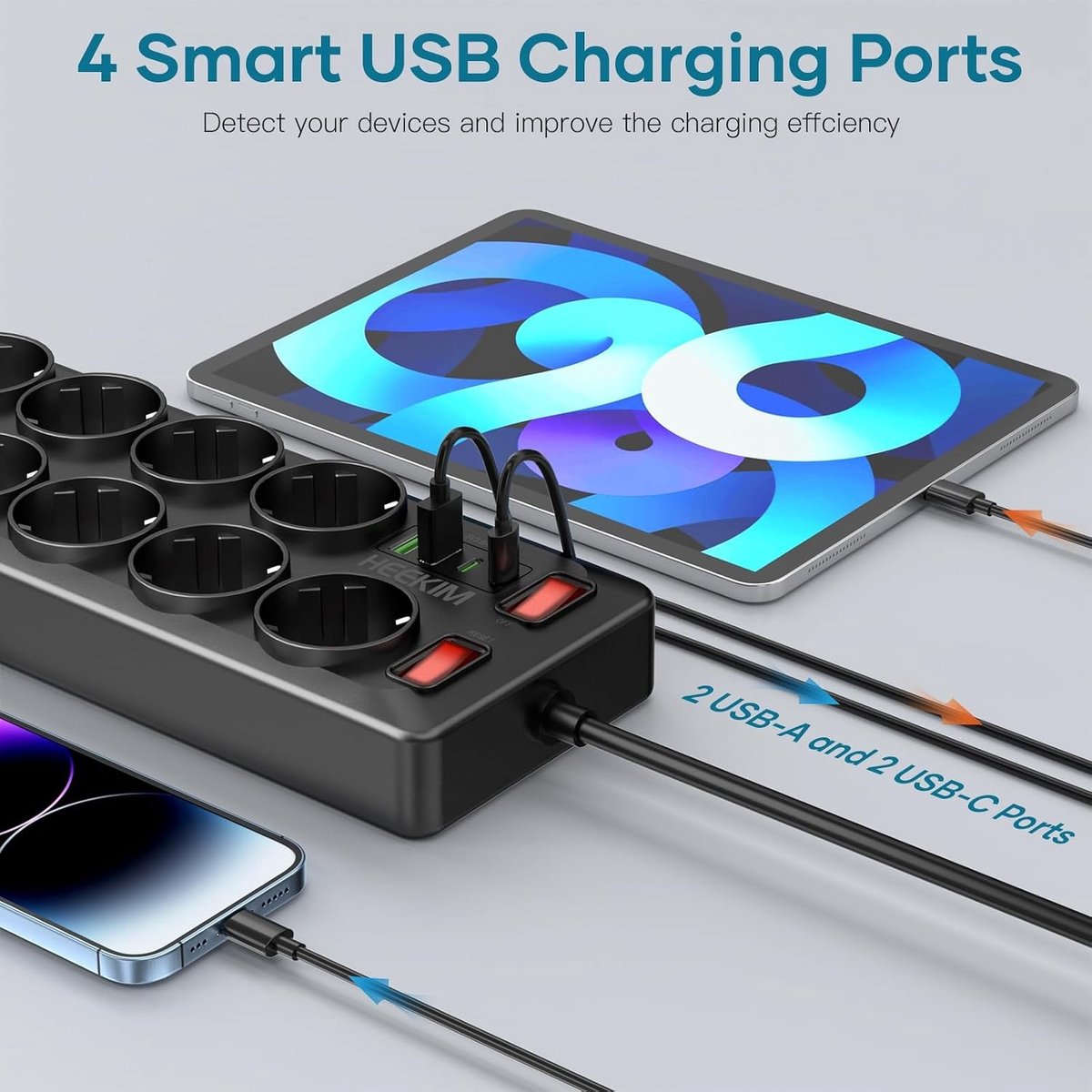 Stekkerdoos met USB - Zwart - 11-voudige Stekkerdoos met Schakelaar - Voor Thuis, School en Kantoor