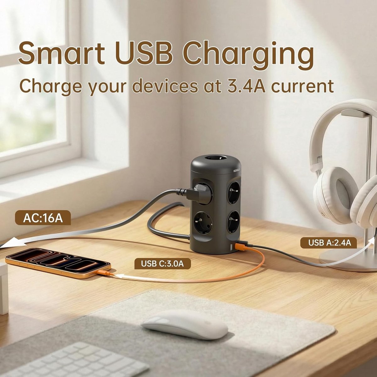 Stekkerdoos met Schakelaar - Zwart - 9-voudige Meervoudige Contactdoos met 3 USB-A en 1 USB-C - Voor Thuis en Kantoor