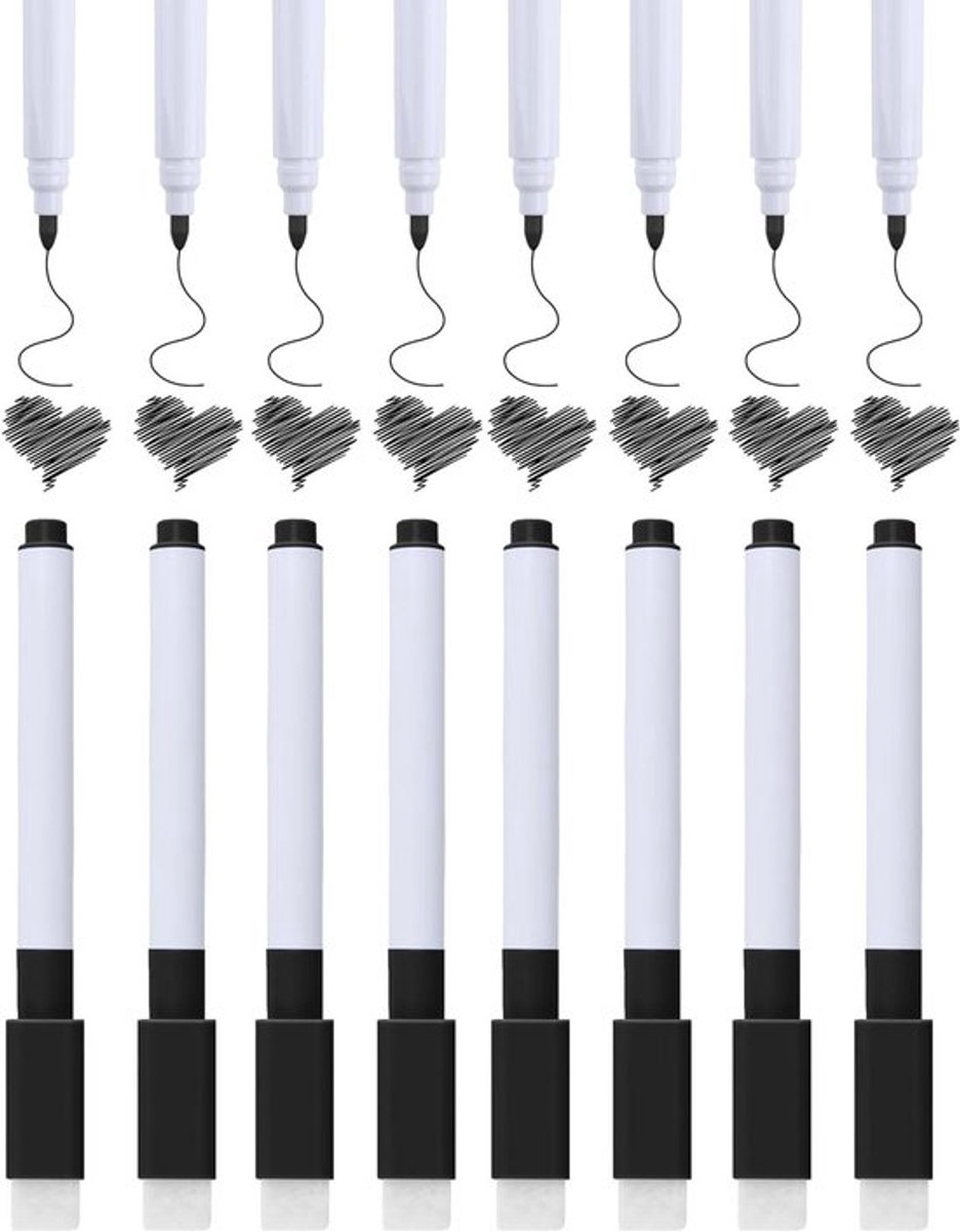 Magnetische Whiteboard Markers Set van 8 - Zwarte Drooguitwisbare Stiften met Wiper - Fijne Punt voor Kantoor, School en Koelkast